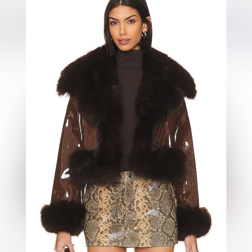 Adrienne Landau Faux Leather & Fur Jacket in Brown